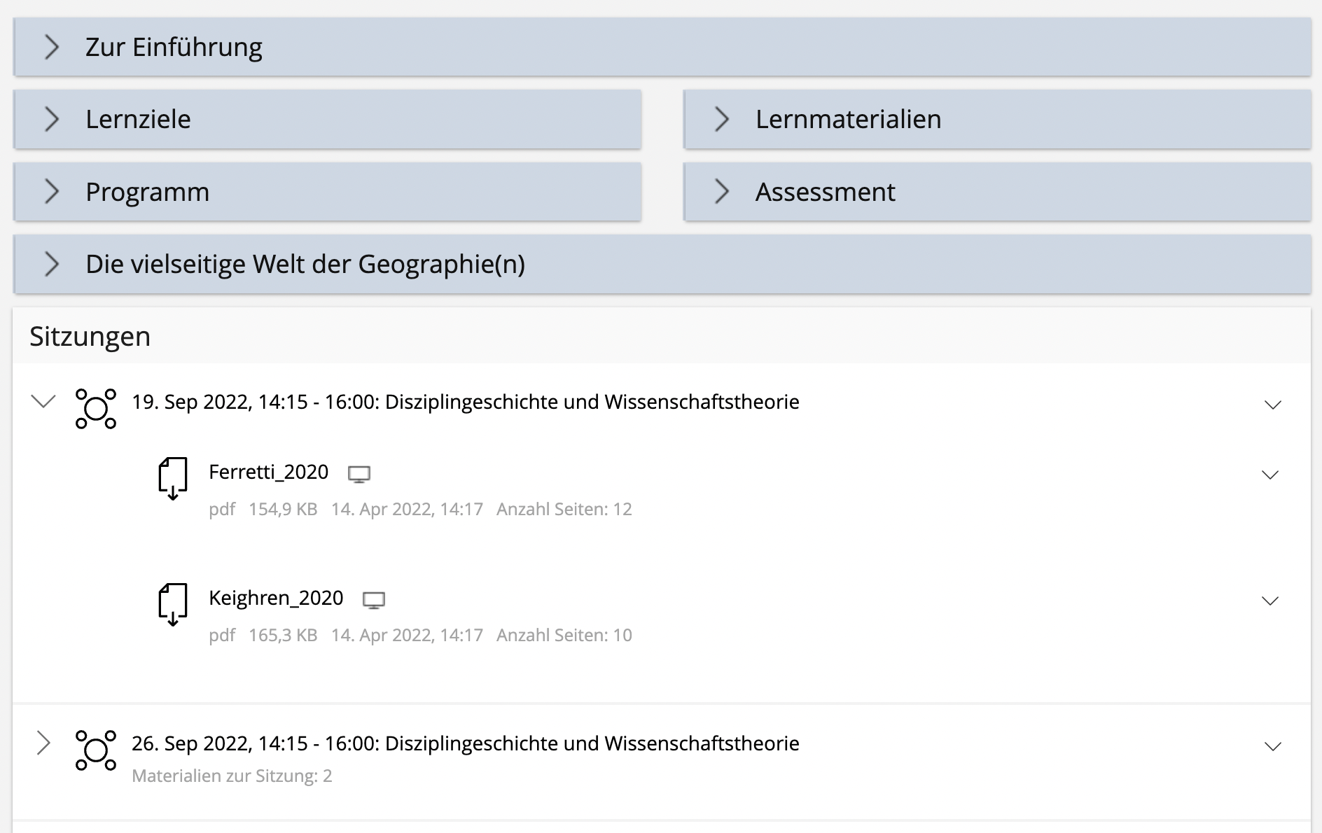 Bei den Veranstaltungsterminen sind die zugehörigen Dateien und Materialien ersichtlich, darüber sind allgemeine Informationen beschrieben.