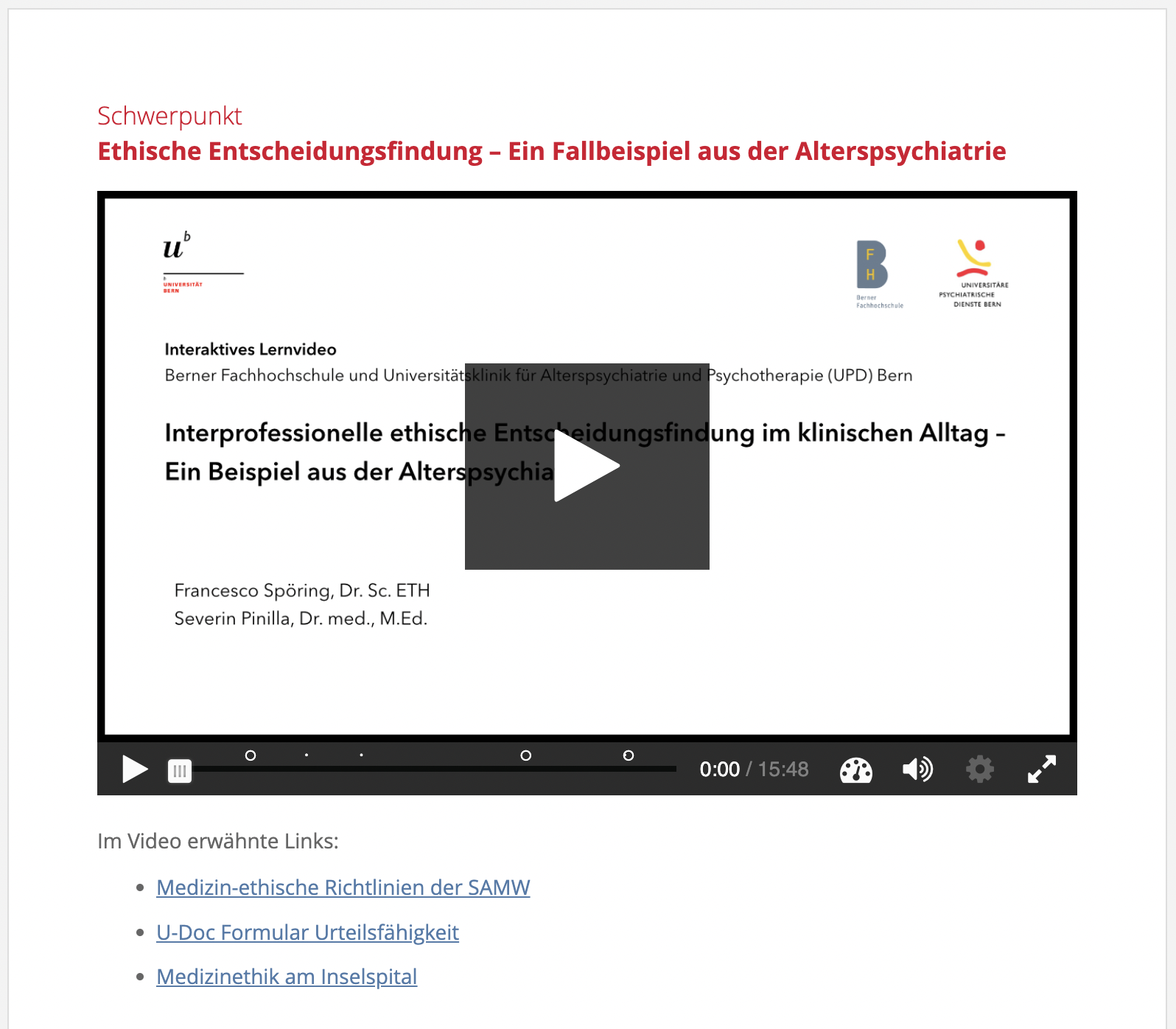 Abspielbares Video ist sichtbar. Darunter befinden sich Links, die auf Webseiten mit weiteren Informationen führen.