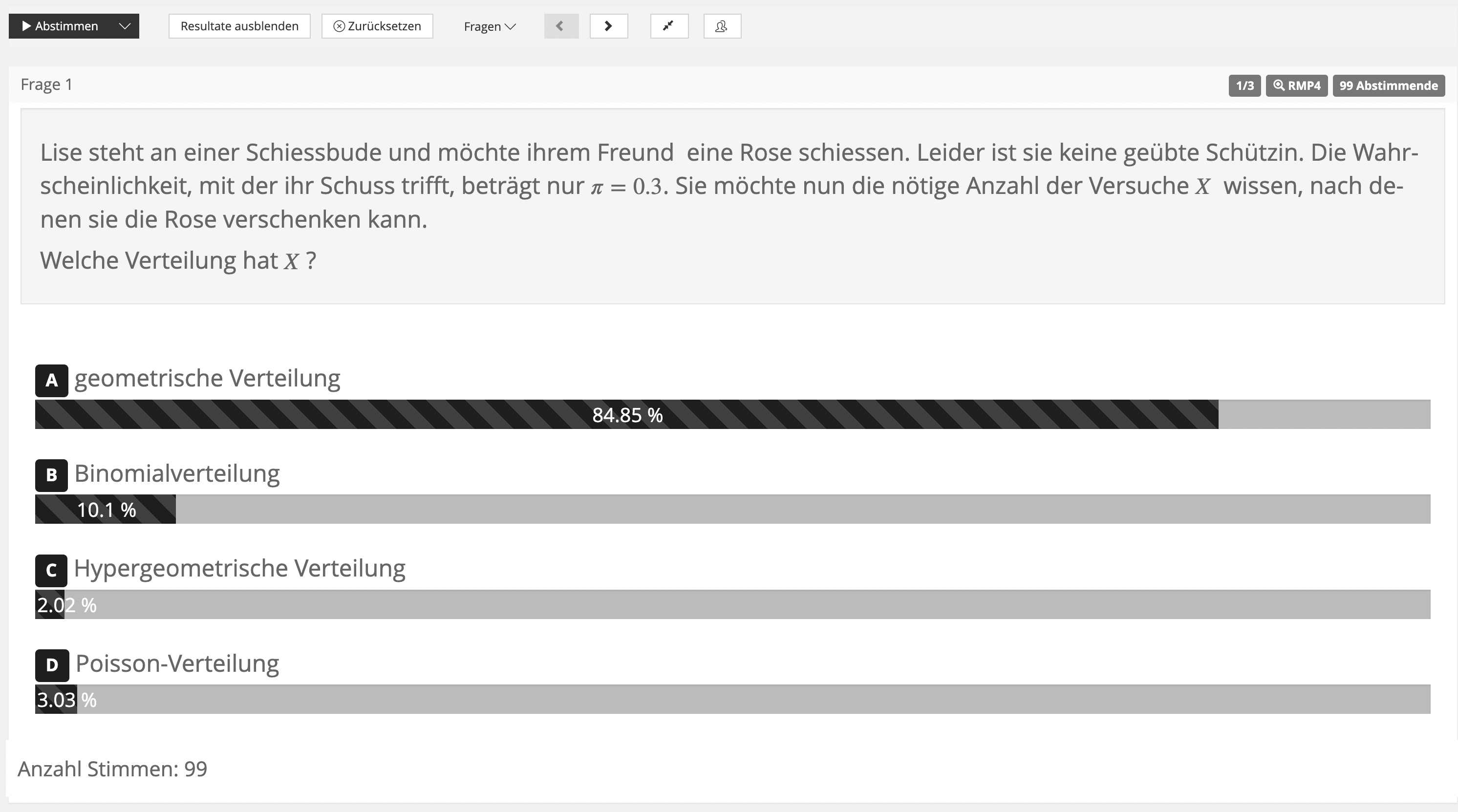 Eine Frage ist sichtbar, darunter Balken, die anzeigen, wie viele Personen Antwort A, B, C oder D gewählt haben.
