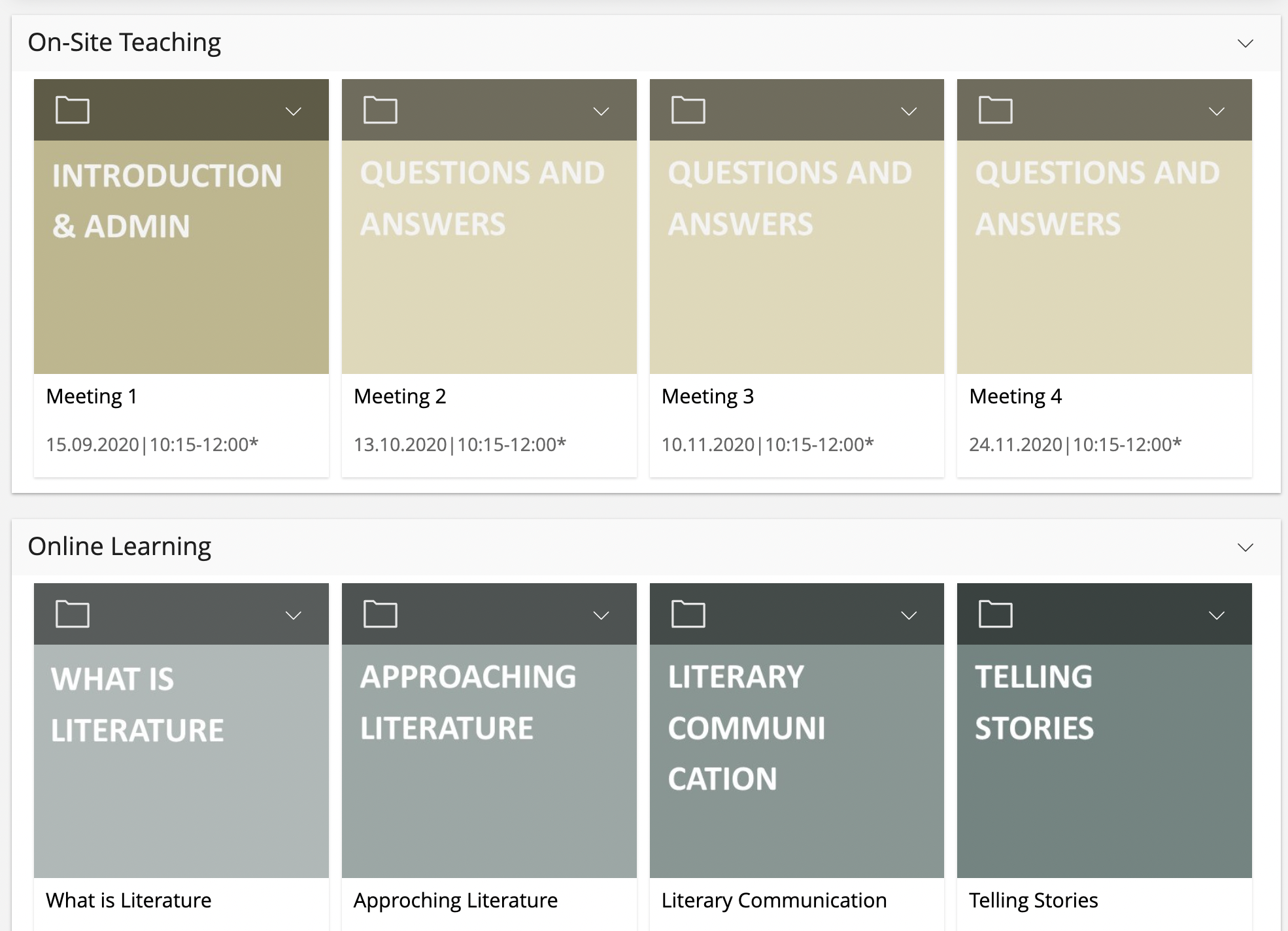 Verschiedene Vierecke sind sichtbar mit eigenen Titeln und Farben. Die Farben unterscheiden nach "On-Site Teaching" und "Online Learning".
