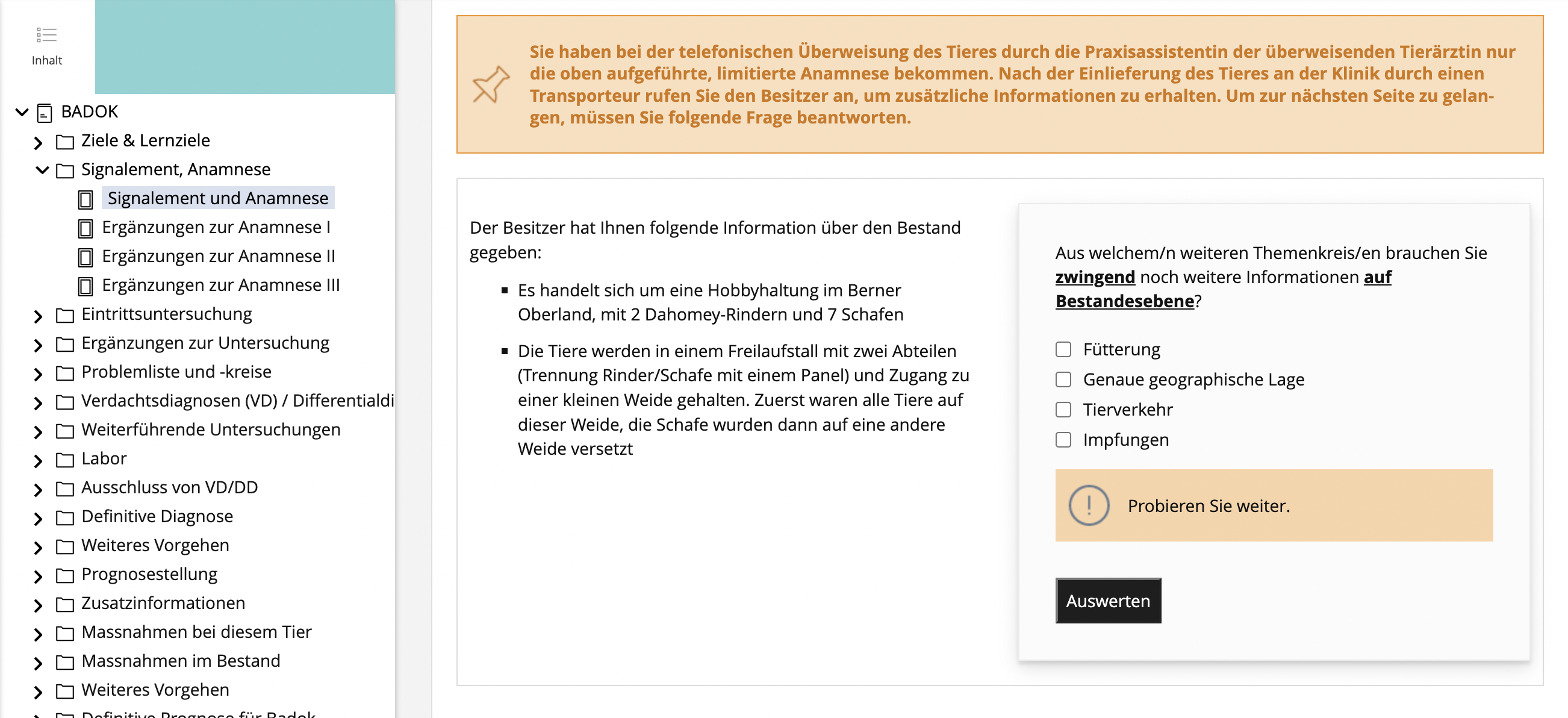 Sichtbar ist links ein Inhaltsverzeichnis mit Kapiteln und Unterseiten. Rechts sind textuelle Inhalte und eine Frage sichtbar, mit der man sich selber überprüfen kann.