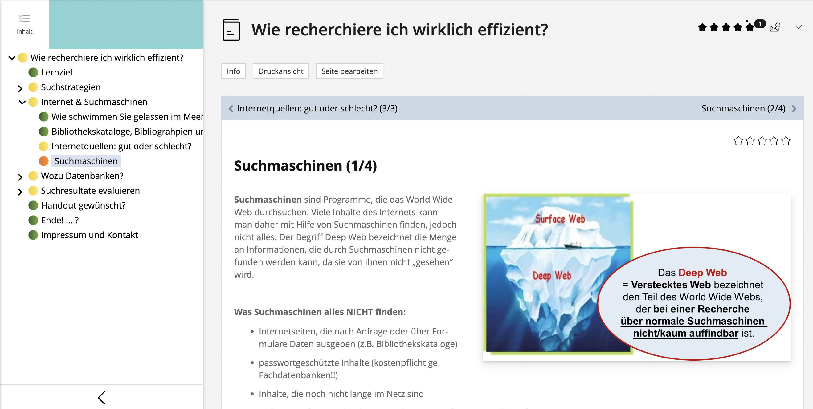 Links ist ein Inhaltsverzeichnis sichtbar mit roten, gelben oder grünen Kreisen. Diese zeigen an, ob man die Seite bereits besucht bzw. eine Frage bereits beantwortet hat oder ob man die Seite noch nicht angesehen hat. Rechts sind Informationen mit Text und Bild zum Thema vorhanden.
