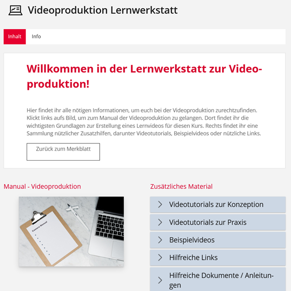 Ein einleitender Text führt in die nachfolgenden Informationen ein. Links ist ein Bild zu sehen, welches symbolisch für die Produktion von Videos steht. Rechts werden in verschiedenen aufklappbaren Fächern weitere Informationen angeboten.