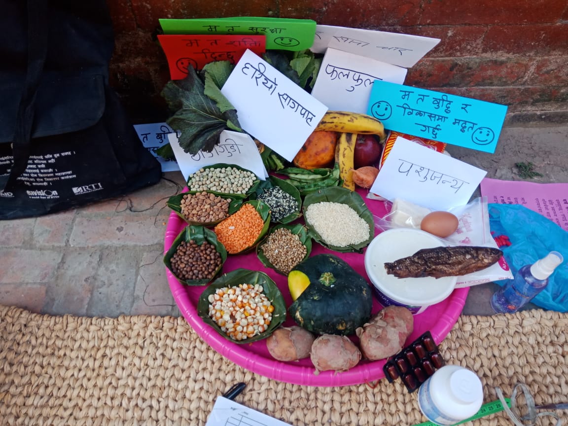 a basket filled with diverse foods like grains and fruit